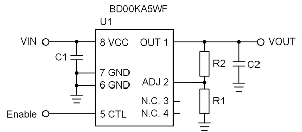 リニアレギュレータリファレンス回路: Vin=2.3V～5.5V, Iomax=500mA 